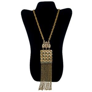 Vtg 60s 70s Goldette Antique Gold Tone Amber Crystal Pendant Necklace